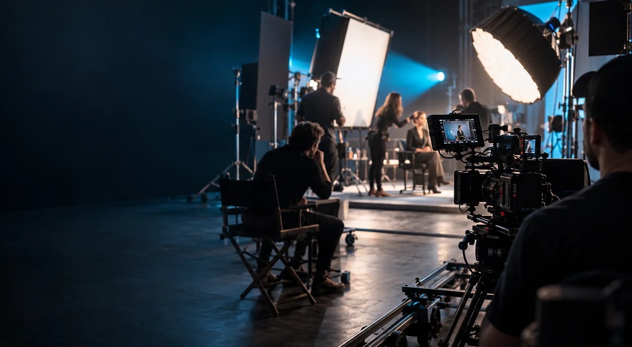 Reklam filmi çekim platosunda yönetmen, ışık ekipmanları ve ray üzerindeki sinema kamerası